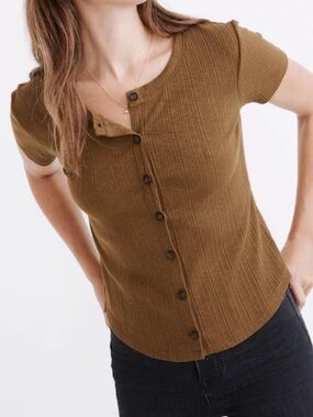 Madewell Women’s Pointelle Button-Front Short-Sleeve Slim Tee Avocado Green